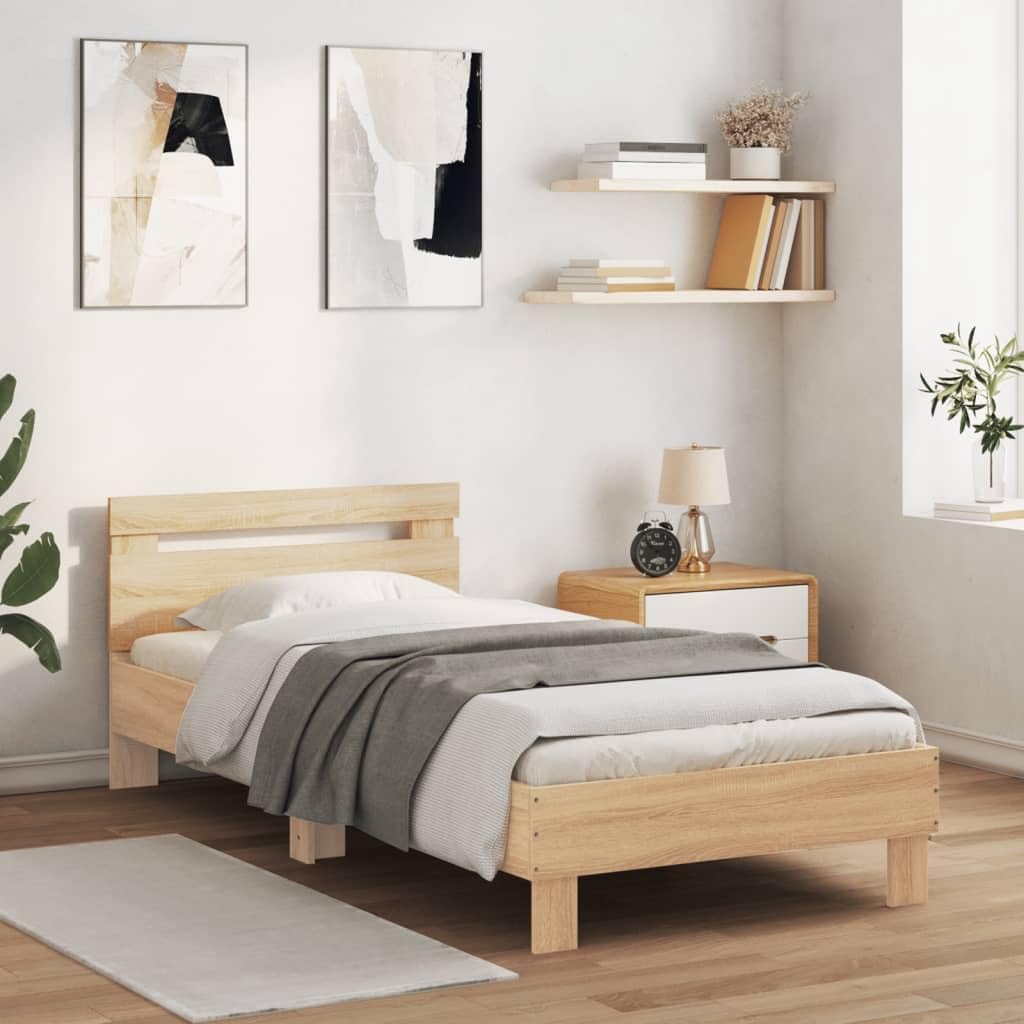 vidaXL Struttura letto, 90 × 200 cm, Rovere, legno, con testiera, per camera da letto