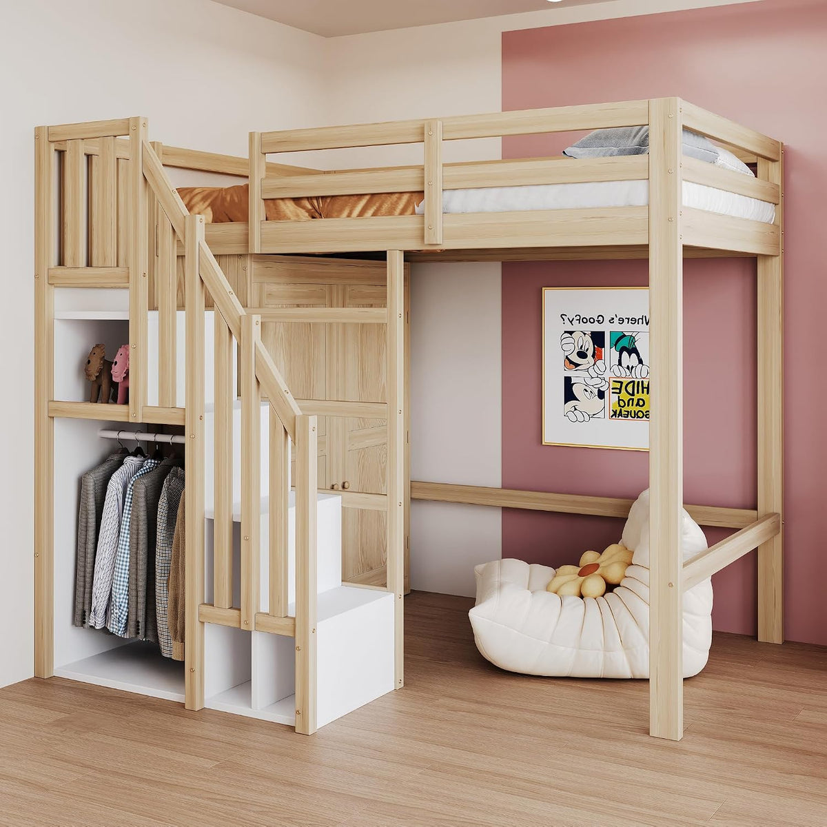 Letto a soppalco Lubvtti, singolo, Naturale, 90 × 200 cm, legno massello, con contenitore, per camera da letto