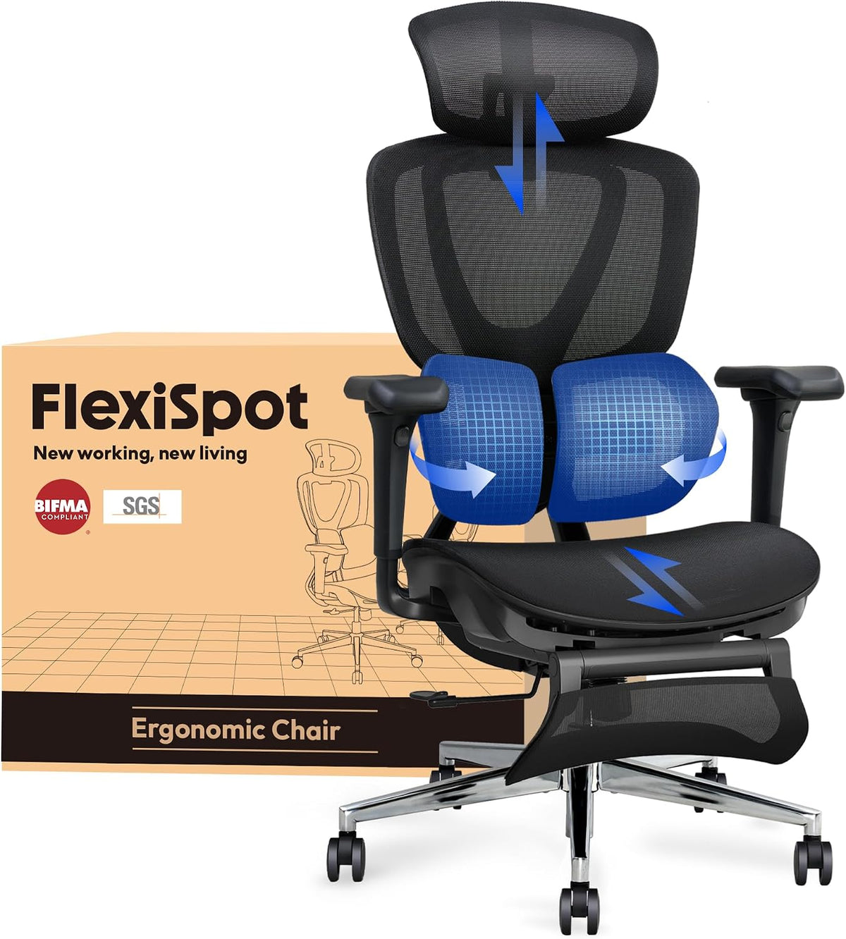 Sedia da ufficio FLEXISPOT, Nero, reclinabile, regolabile, con poggiatesta, con braccioli, per ufficio