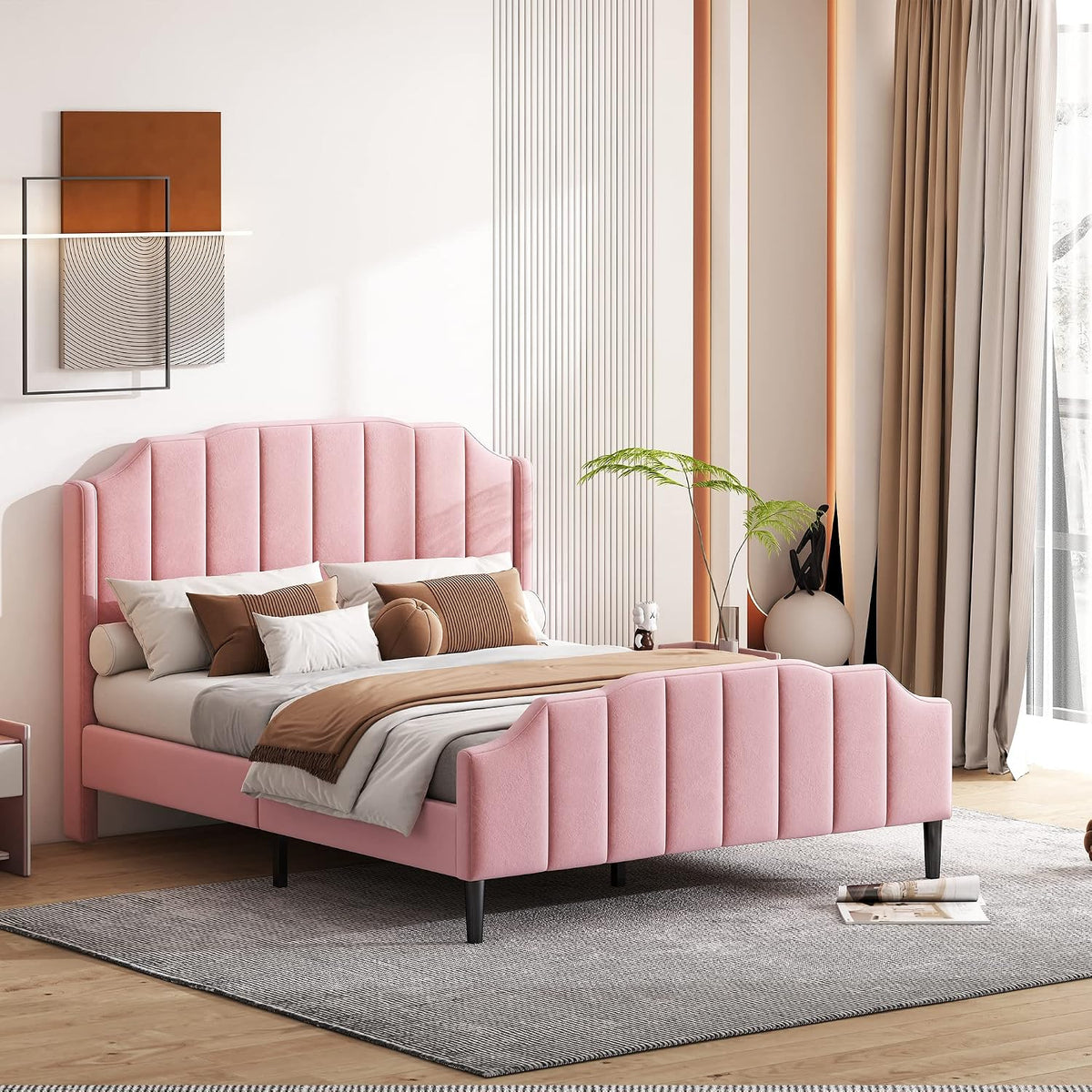 Azkoeesy Letto, matrimoniale, 140 × 200 cm, Rosa, velluto, con rete a doghe, imbottito, per camera da letto