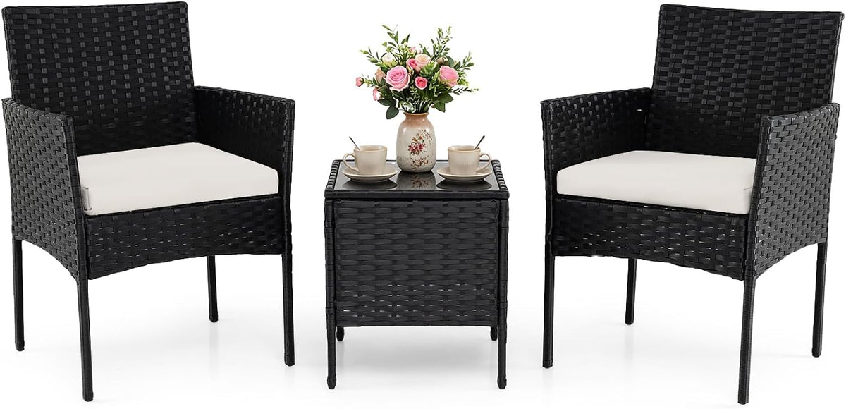COSTWAY Set di mobili da giardino, 3 pezzi, Beige, rattan, con cuscini, per giardino e terrazzo