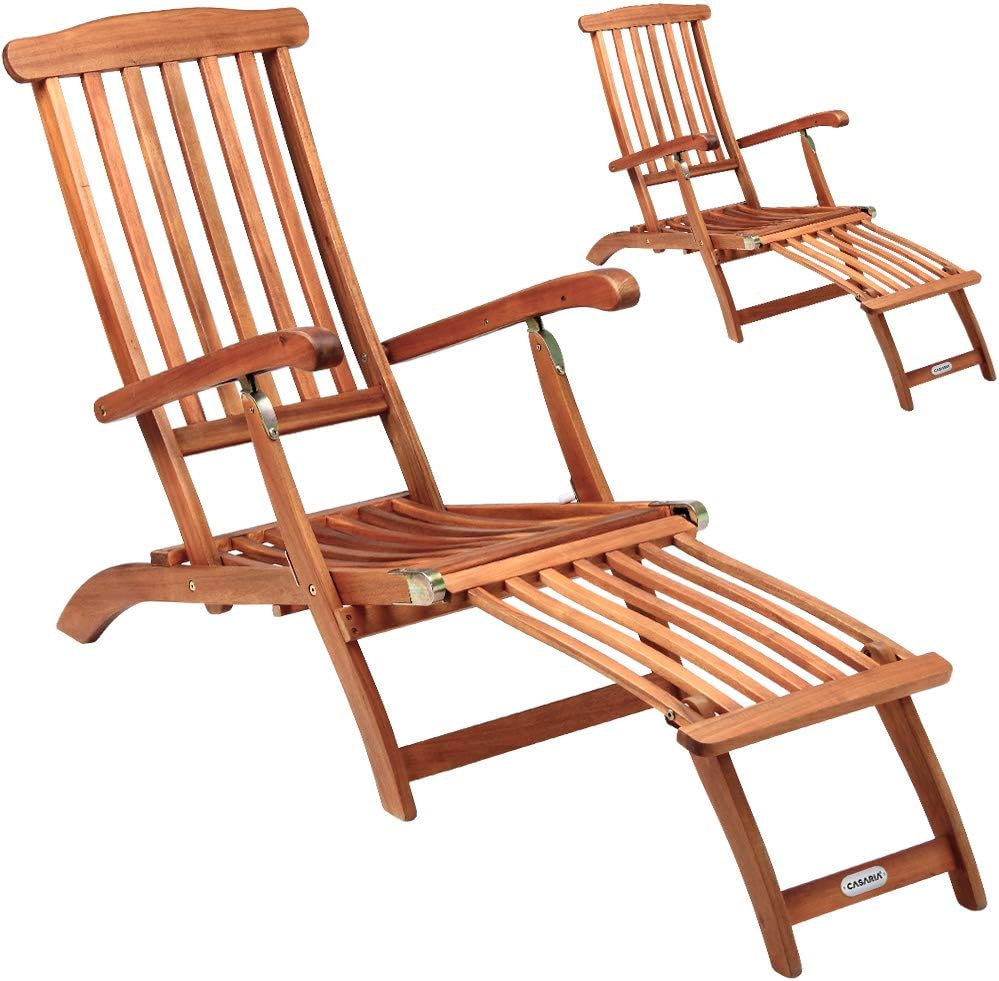 CASARIA Set di 2 lettini prendisole Queen Mary, legno di acacia, pieghevoli e regolabili, con poggiapiedi rimovibile