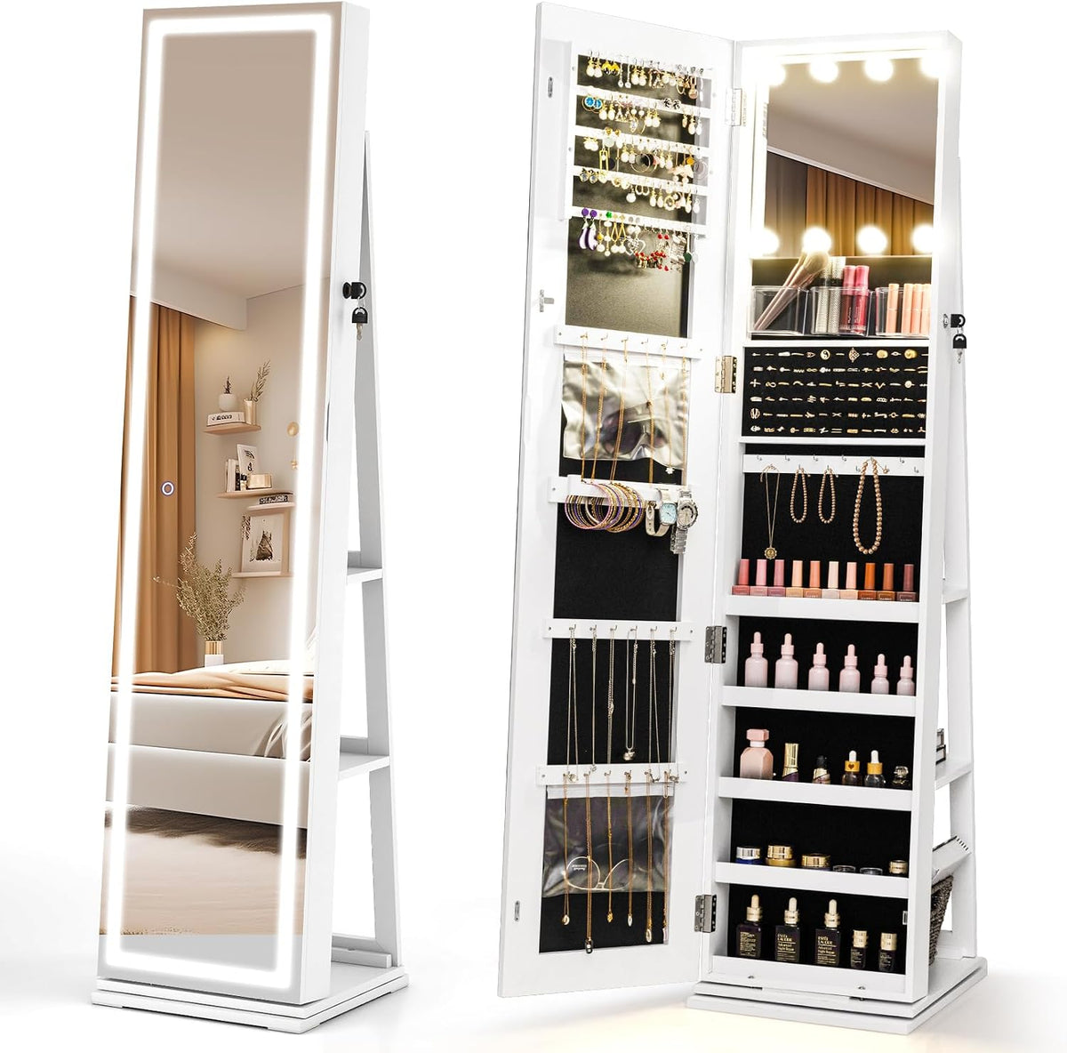 COSTWAY Armadio portagioie, Bianco, con illuminazione LED, per camera da letto