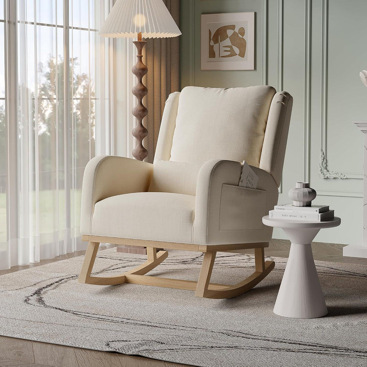 Poltrona a dondolo BRILVERDE, Beige, legno, lino, per soggiorno
