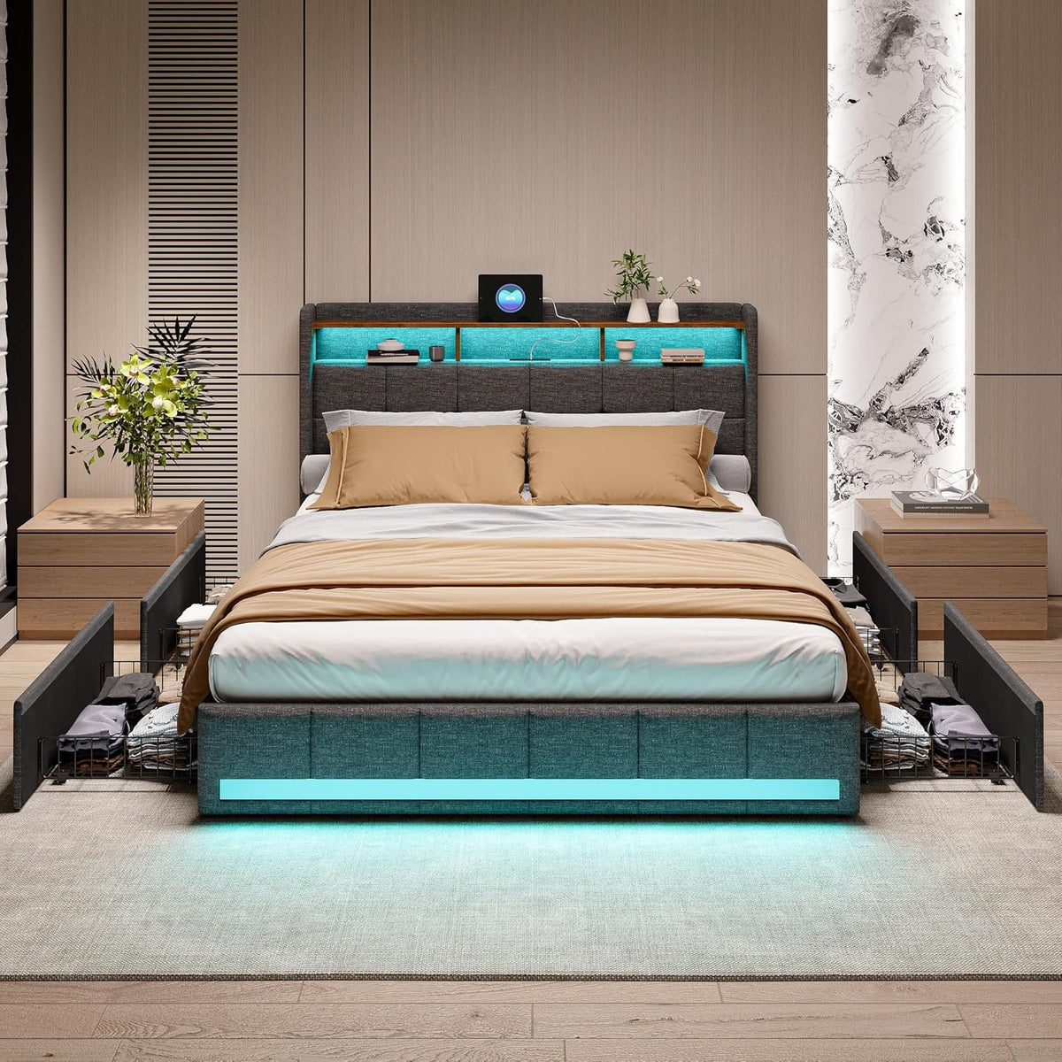 Letto BPKADHY, con contenitore, con rete a doghe, con porta USB, imbottito, 140 × 190 cm, 4 cassetti, matrimoniale, Beige/Grigio