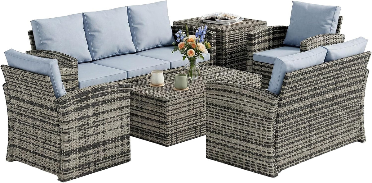 Set di mobili da giardino Outsunny, 6 pezzi, 7 posti, Grigio, rattan, per giardino e terrazzo