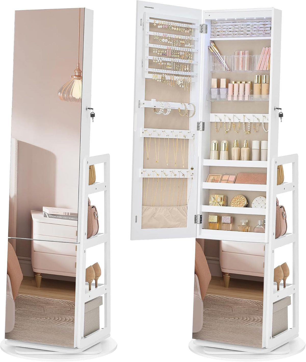 SONGMICS Armadio portagioie, JJC027WH01, con illuminazione LED, 4 ripiani, Bianco, per camera da letto