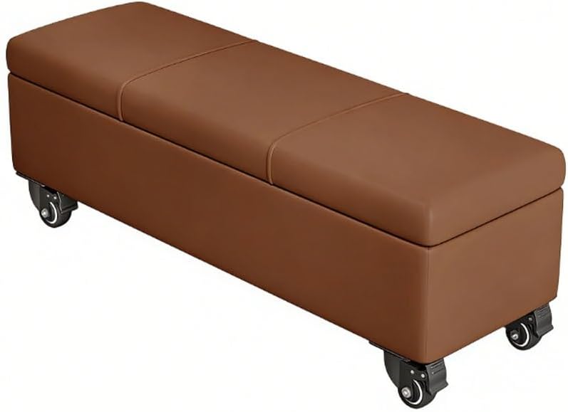 Pouf, 30 × 40 × 50cm, Marrone, legno massello, con contenitore, con ruote, imbottito, per soggiorno