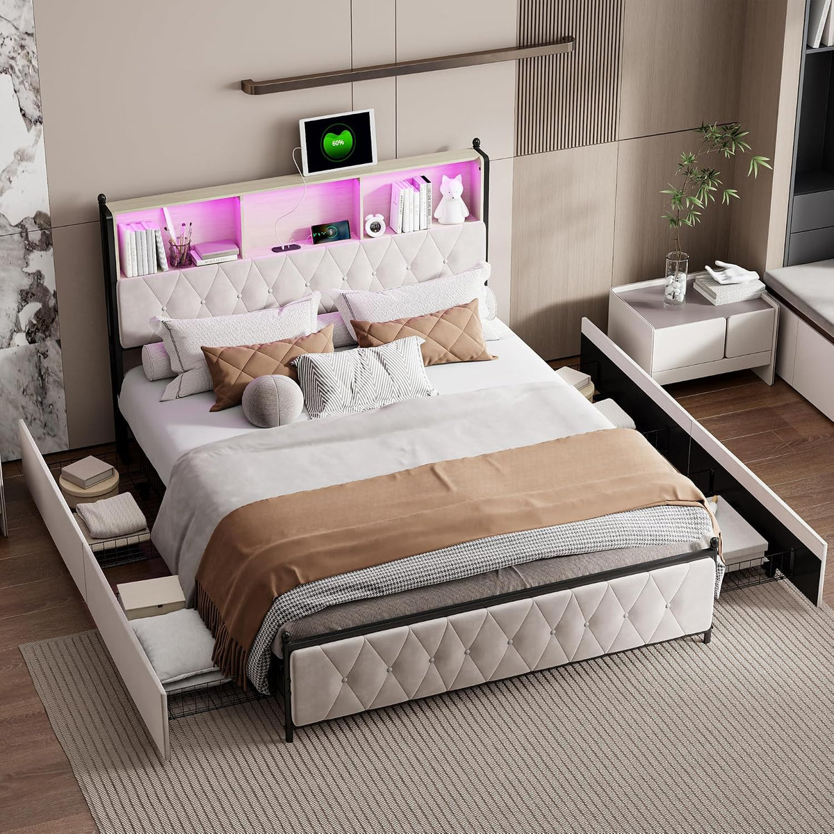 Struttura letto CDQL, 4 cassetti, matrimoniale, Beige, 140 × 200 cm, velluto, con rete a doghe, con porta USB, imbottito, per camera da letto