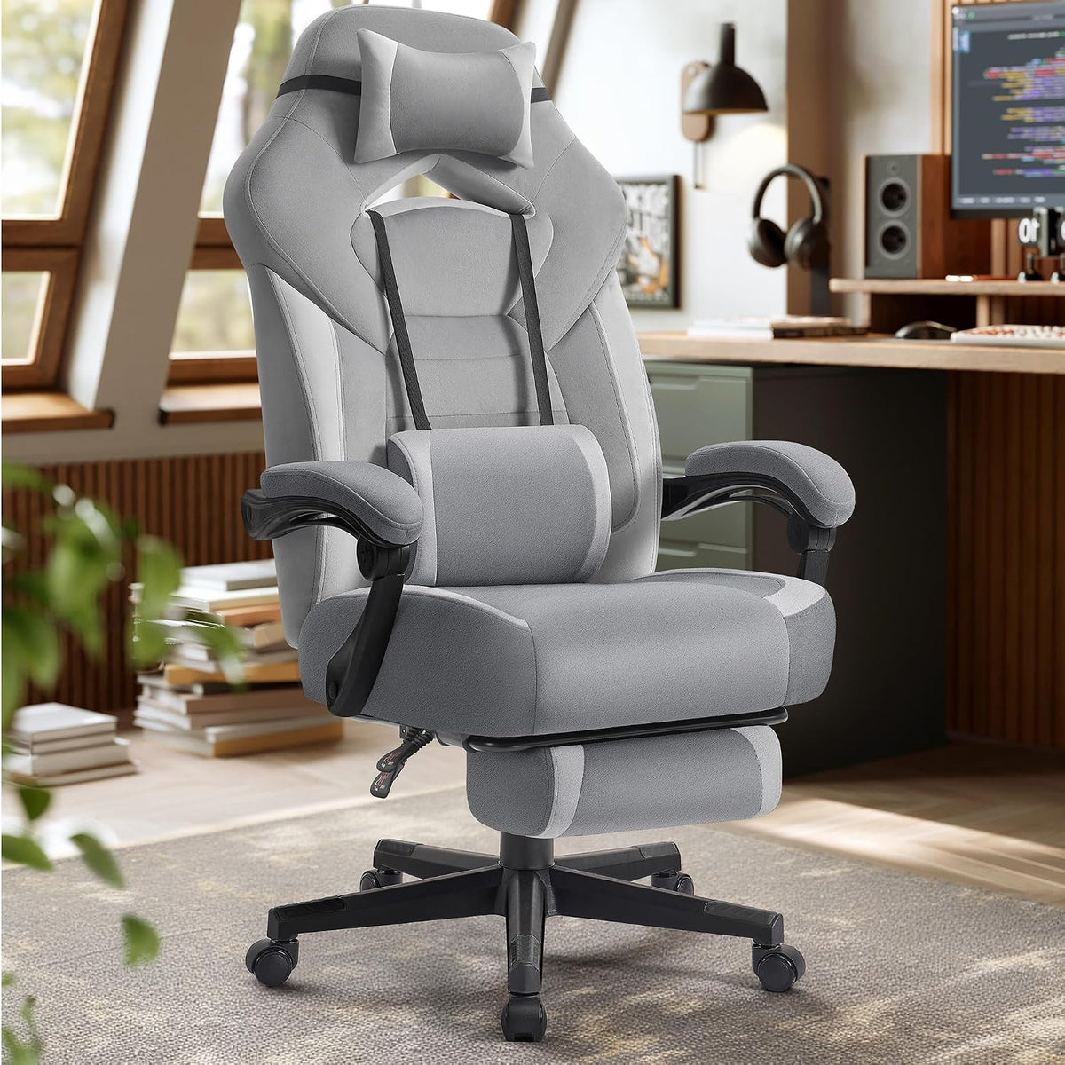 SONGMICS Sedia gaming, OBG077G02, regolabile, con poggiapiedi, con poggiatesta, Grigio/Tortora, velluto, ergonomica, per ufficio