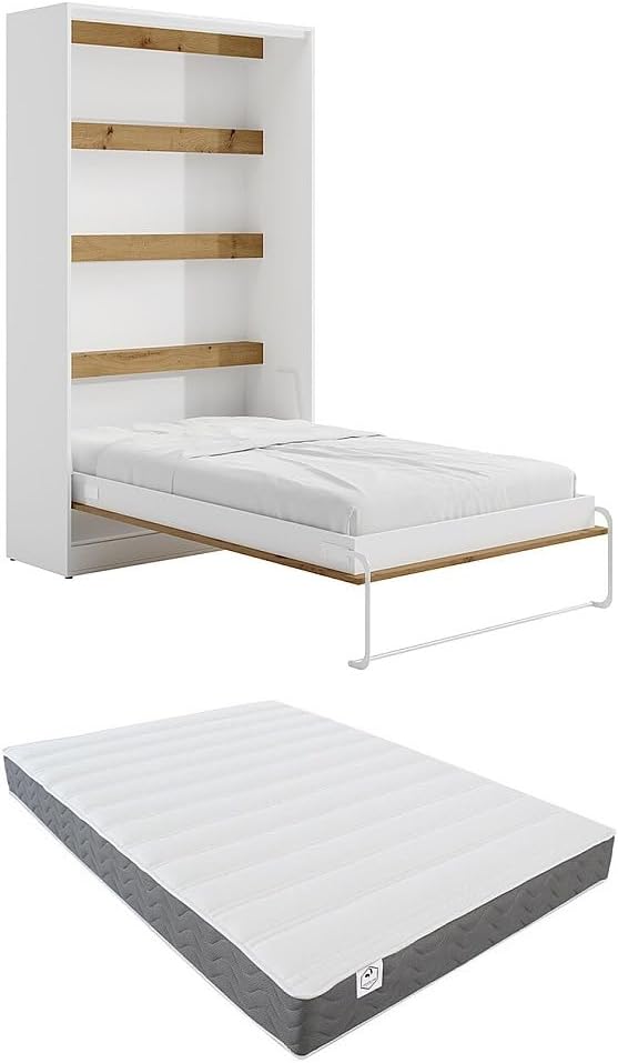 Letto a parete Vente-unique, RAPILI, Bianco/Naturale, 120 × 200 cm, apertura verticale, materasso incluso, per camera da letto