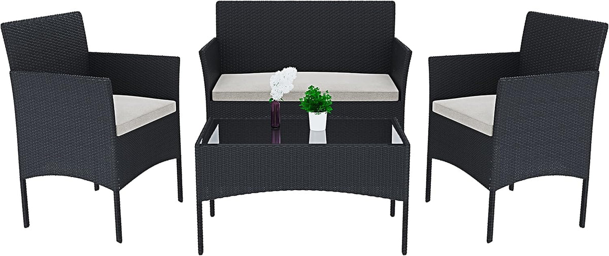 Bricozone Set salotto da giardino 4 posti, Nero, polyrattan, 2 poltrone, divano e tavolino con cuscini