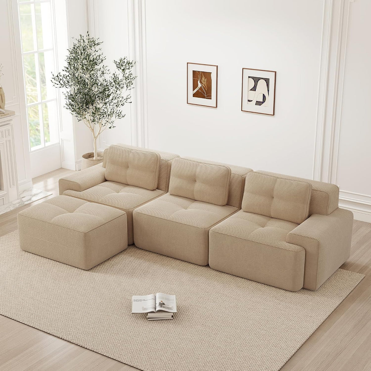 Divano angolare Bladez, Beige, 3 posti, imbottito, velluto, per soggiorno