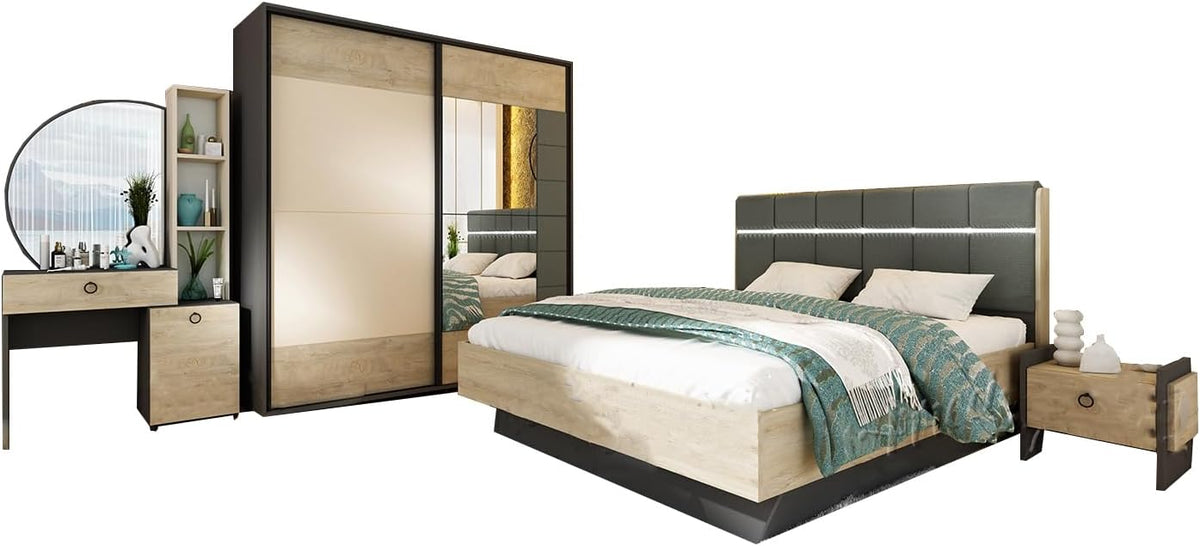 ARREDO DA CASA Letto, CDLU37, matrimoniale, Rovere/Nero, con ante scorrevoli, materasso incluso, per camera da letto