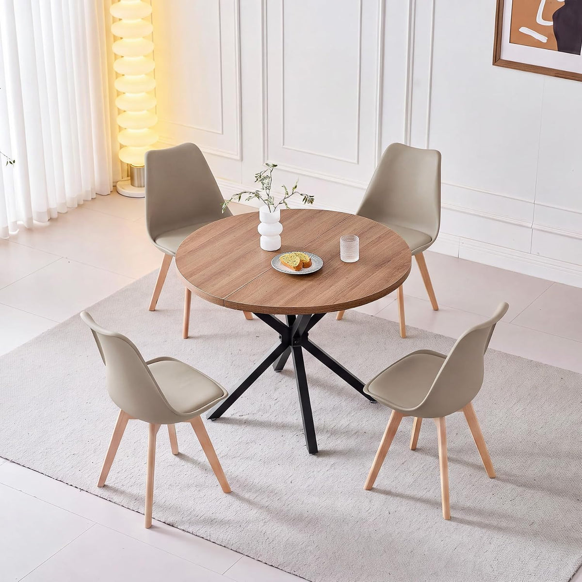 GrandCA HOME Set da pranzo, 4 sedie, 100 × 100 × 75 cm, Marrone scuro/Kaki, legno, per sala da pranzo e cucina