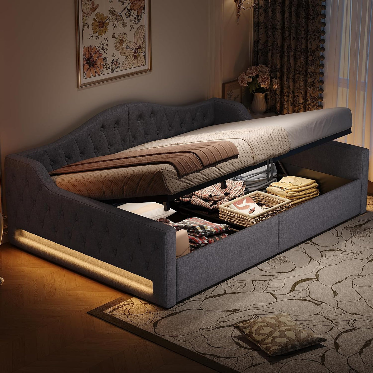 Divano letto Trdlpyn, matrimoniale, Grigio, 140 × 200cm, legno, materasso non incluso, con funzione letto, con contenitore, con rete a doghe