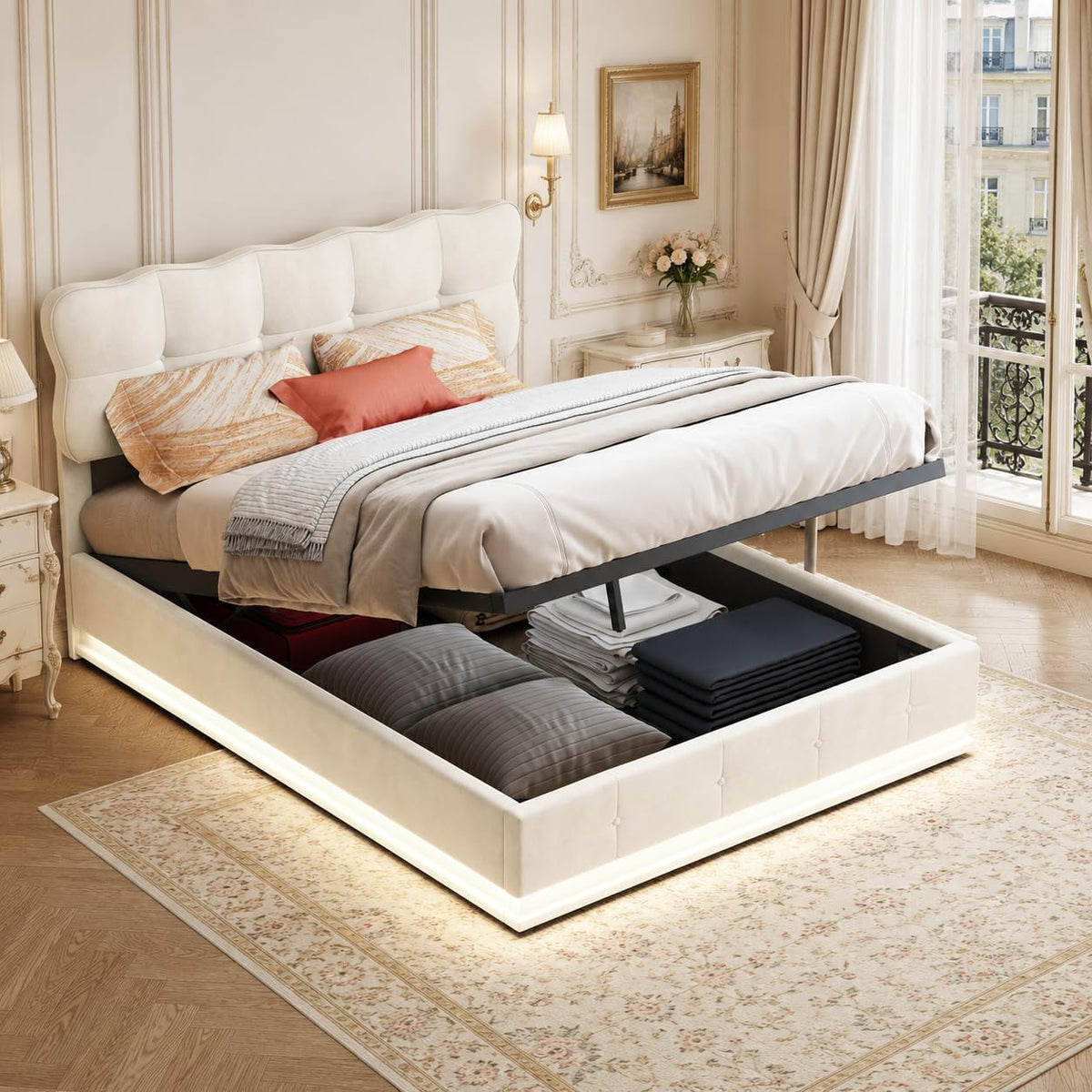 Letto contenitore OLIVIBED, matrimoniale, 140 × 190cm, legno, velluto, Beige, con contenitore, regolabile, con rete a doghe, per camera da letto