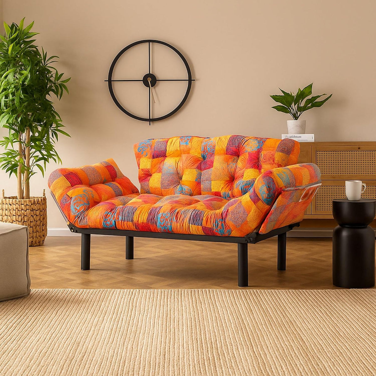 Divano letto Dmora, 2 posti, 155 × 70 cm, metallo, tessuto, Multicolore, trasformabile, con funzione letto, reclinabile, regolabile, con braccioli