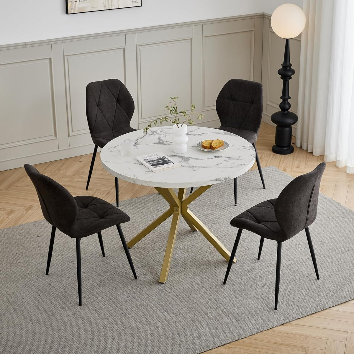 Set da pranzo GrandCA HOME, 100 × 100 × 76,5 cm, 43 × 47,5 × 86 cm, 4 sedie, Nero, lino, per sala da pranzo e cucina