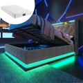 Huayz Letto, LED, matrimoniale, 160 × 200 cm, Bianco/Grigio, tessuto, con contenitore, con rete a doghe, con porta USB, imbottito, materasso incluso