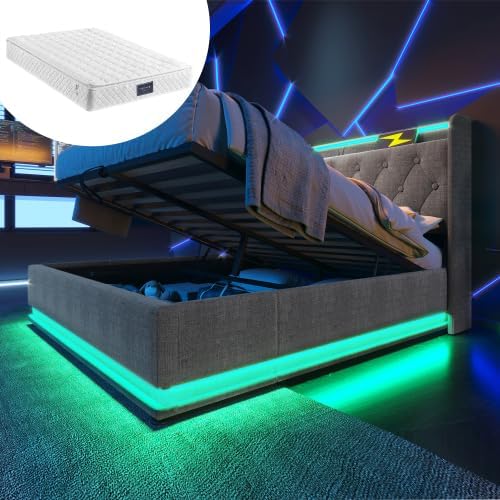 Huayz Letto, LED, matrimoniale, 160 × 200 cm, Bianco/Grigio, tessuto, con contenitore, con rete a doghe, con porta USB, imbottito, materasso incluso