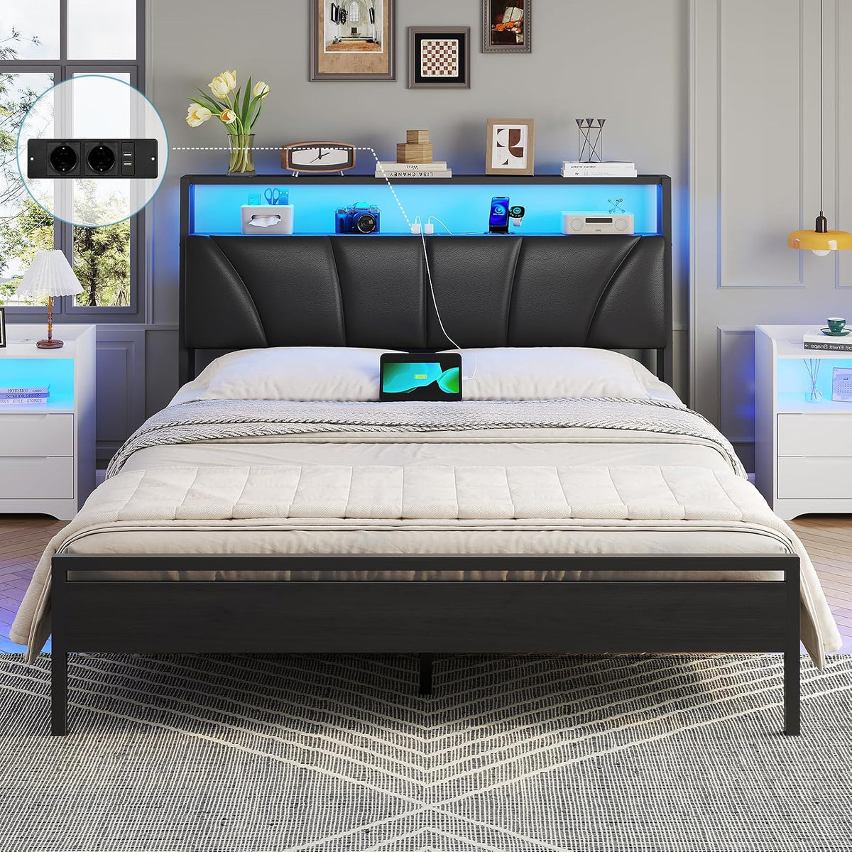 Struttura letto Brinlawb, CA 2, matrimoniale, Nero, 140 × 200 cm, con testiera, con pediera, con illuminazione LED, con porta USB, imbottito
