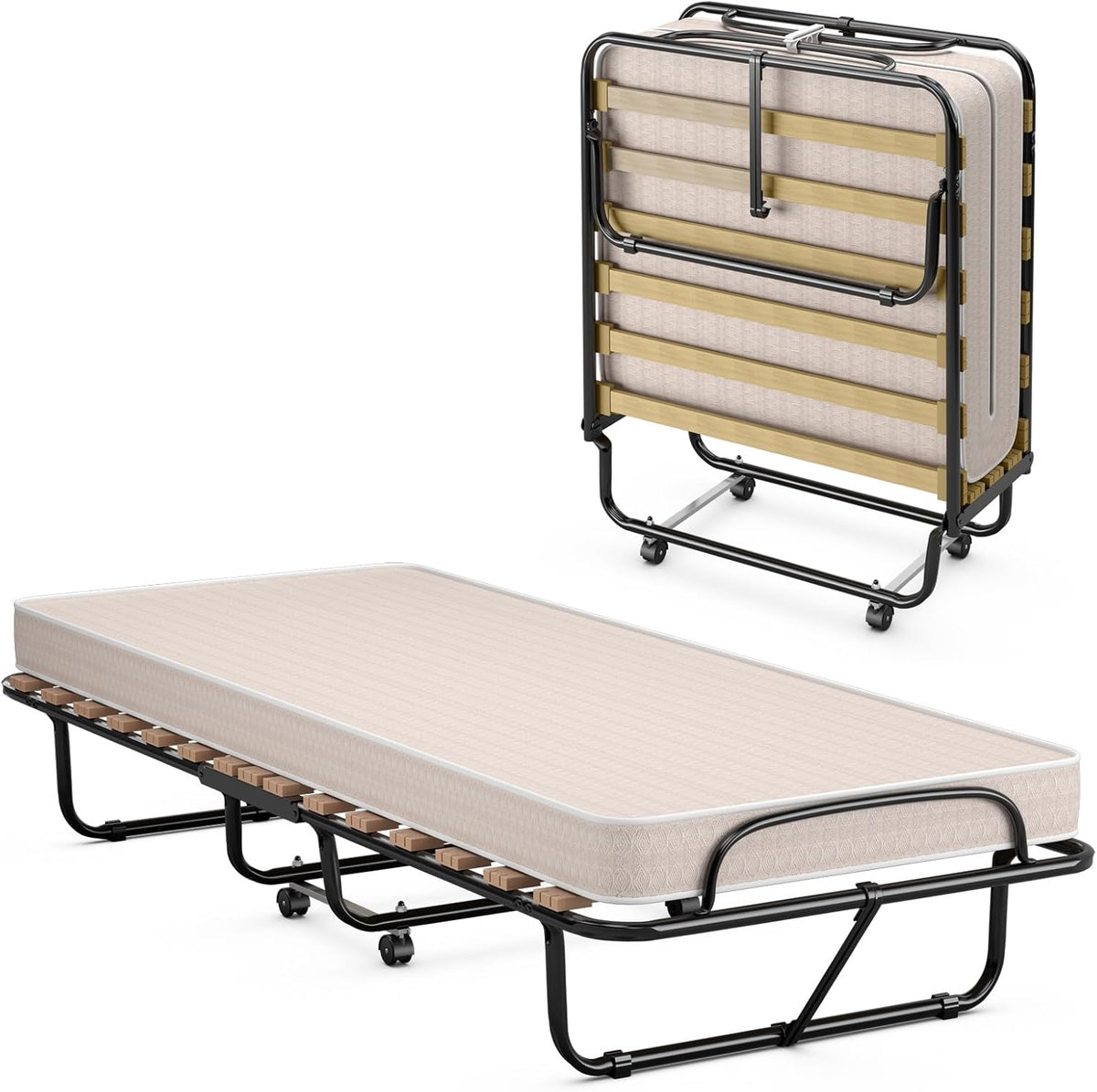 Materasso COSTWAY, 190 × 80cm, materasso incluso, legno, acciaio, Beige, pieghevole, imbottito, per camera da letto