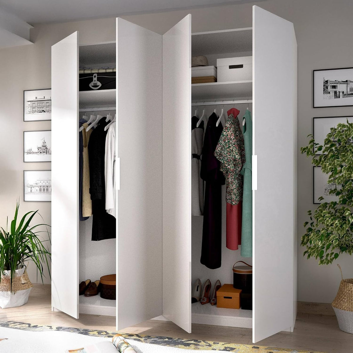 Armadio guardaroba Dmora, 52 × 204 cm, 2 ripiani, Bianco, per camera da letto