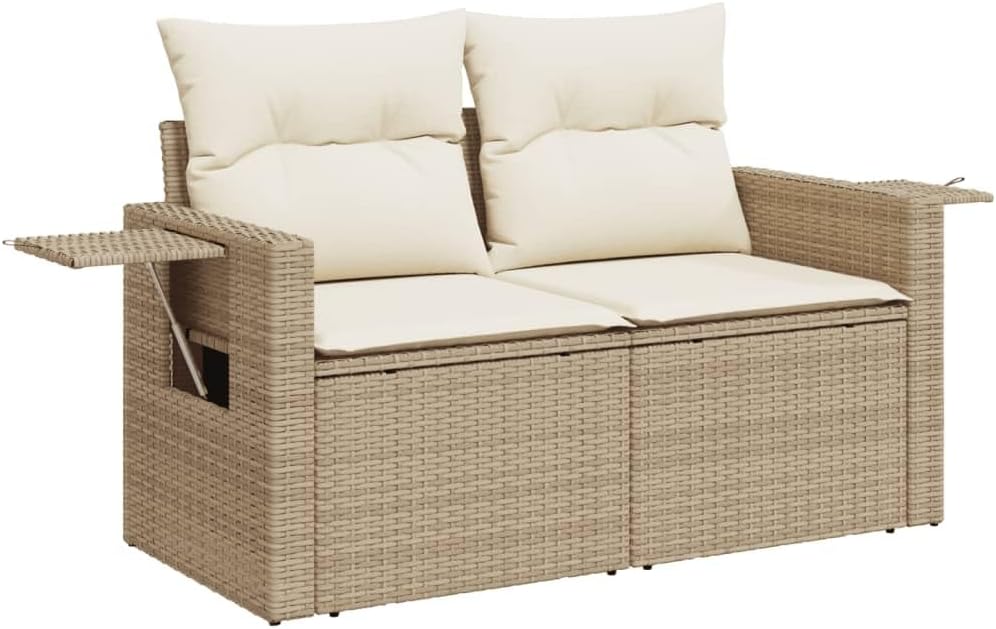 vidaXL Divano da giardino 2 posti con cuscini e tavolino pieghevole, Beige, polyrattan, rivestimenti sfoderabili
