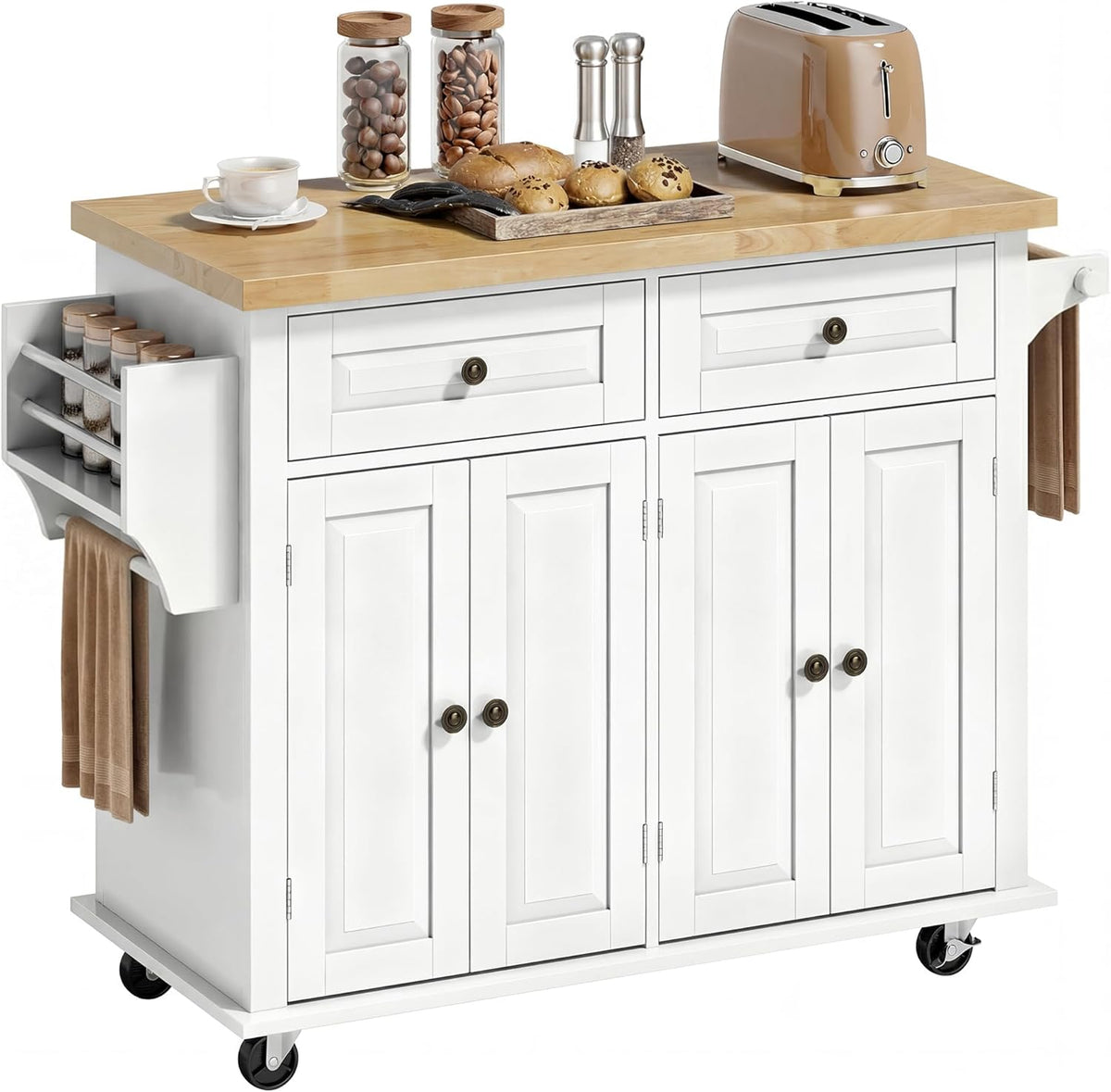 HOMCOM Carrello da cucina, Bianco, 111 × 44,5 × 82,5 cm, legno, con ruote, per sala da pranzo e cucina