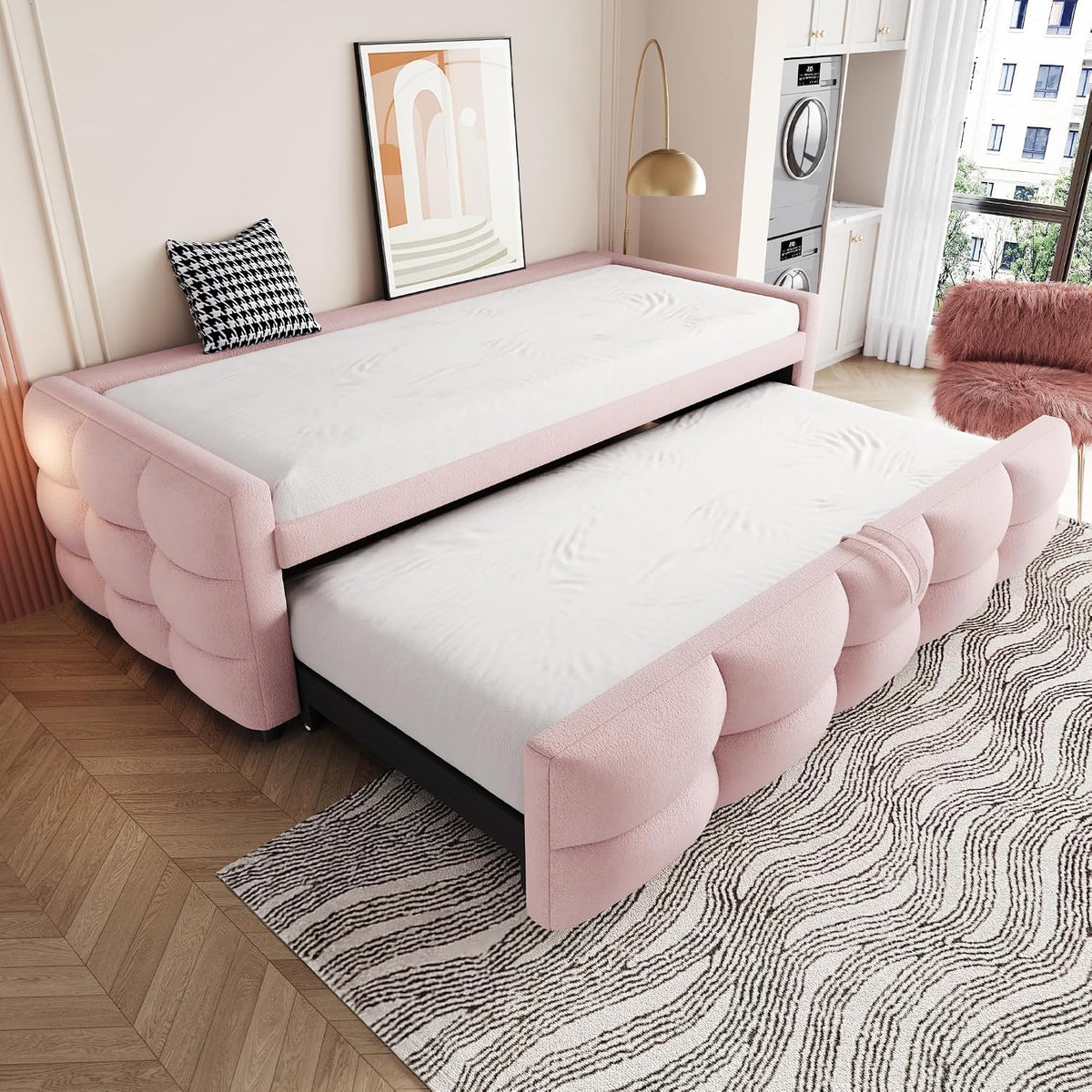 Divano letto VIVCA, singolo, matrimoniale, Rosa, 180 × 190 cm, velluto, materasso non incluso, allungabile, con rete a doghe, imbottito