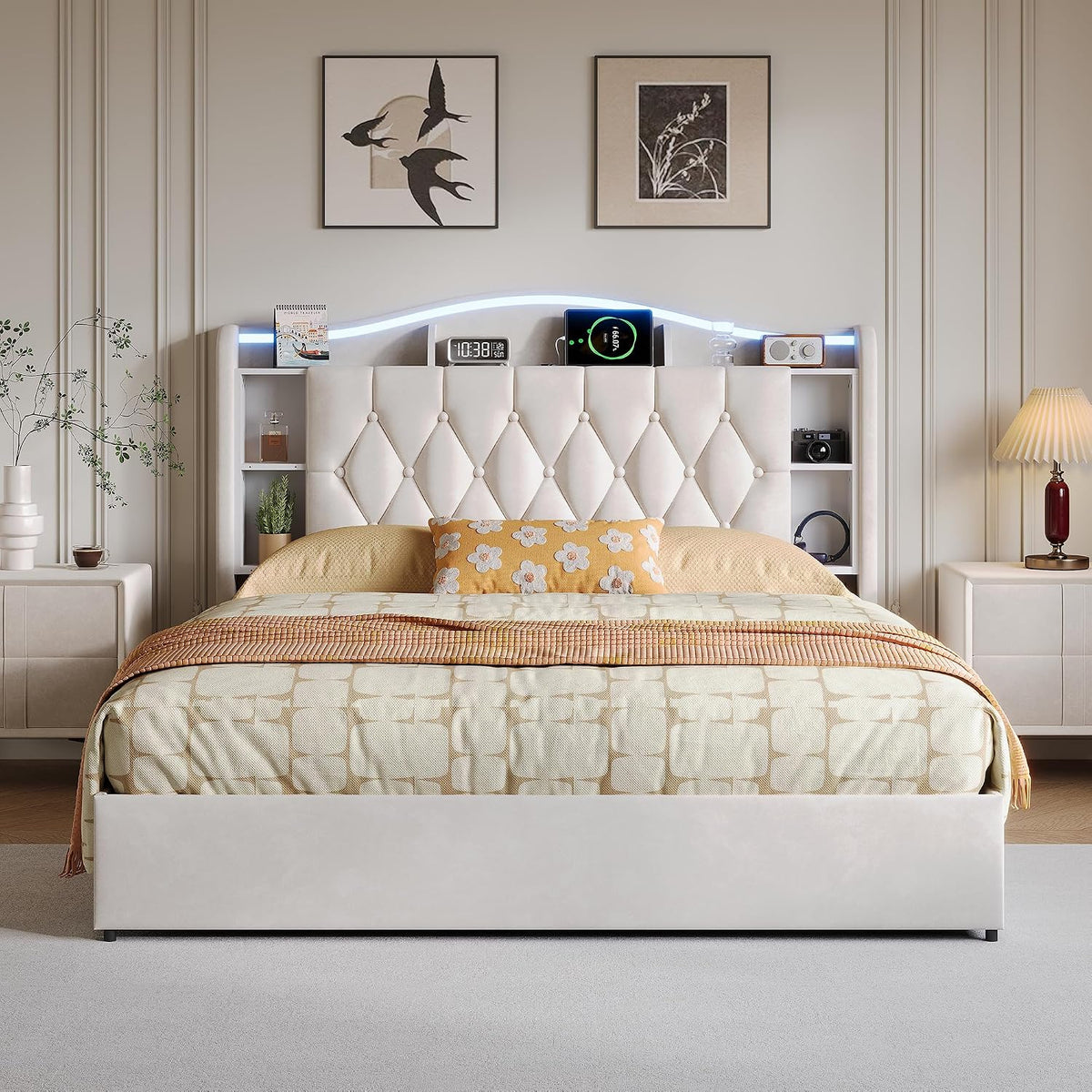 Letto contenitore FAAMEPBO, matrimoniale, 160 × 200 cm, con contenitore, regolabile, con rete a doghe, con porta USB, imbottito, per camera da letto