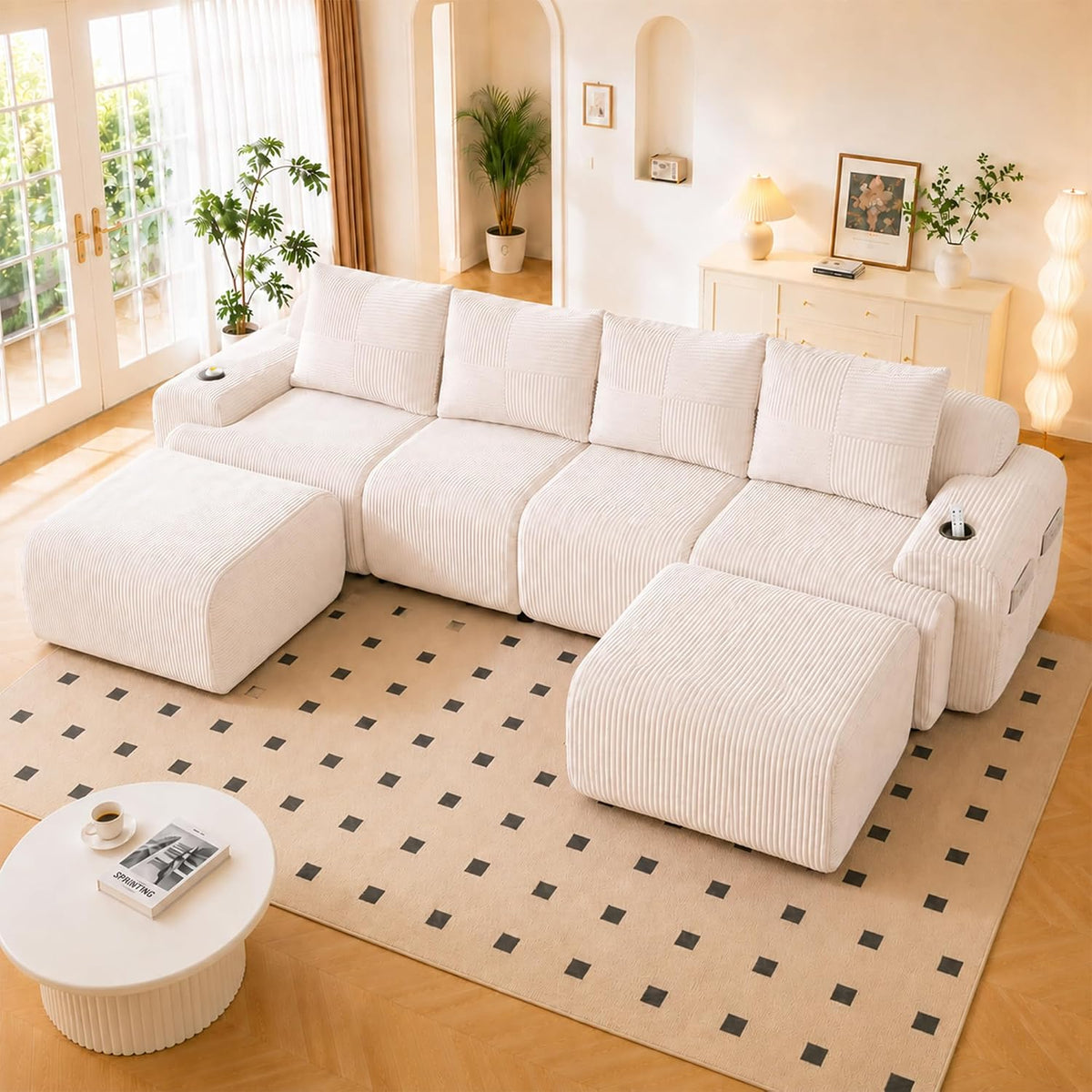 Divano angolare Bladez, 4 posti, 333 × 174 × 80 cm, velluto, Beige, per soggiorno, con sgabelli, senza montaggio