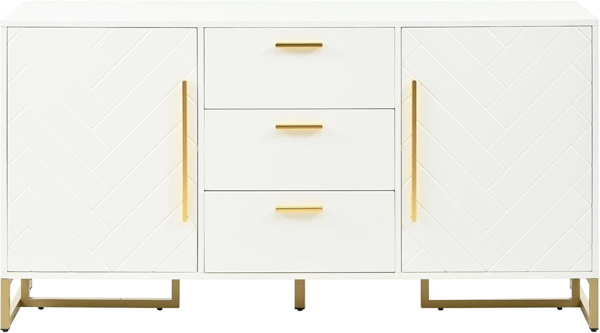 Credenza Azkoeesy, 3 cassetti, 2 ante, 145 × 40 × 75 cm, metallo, Bianco, con contenitore, per soggiorno e sala da pranzo