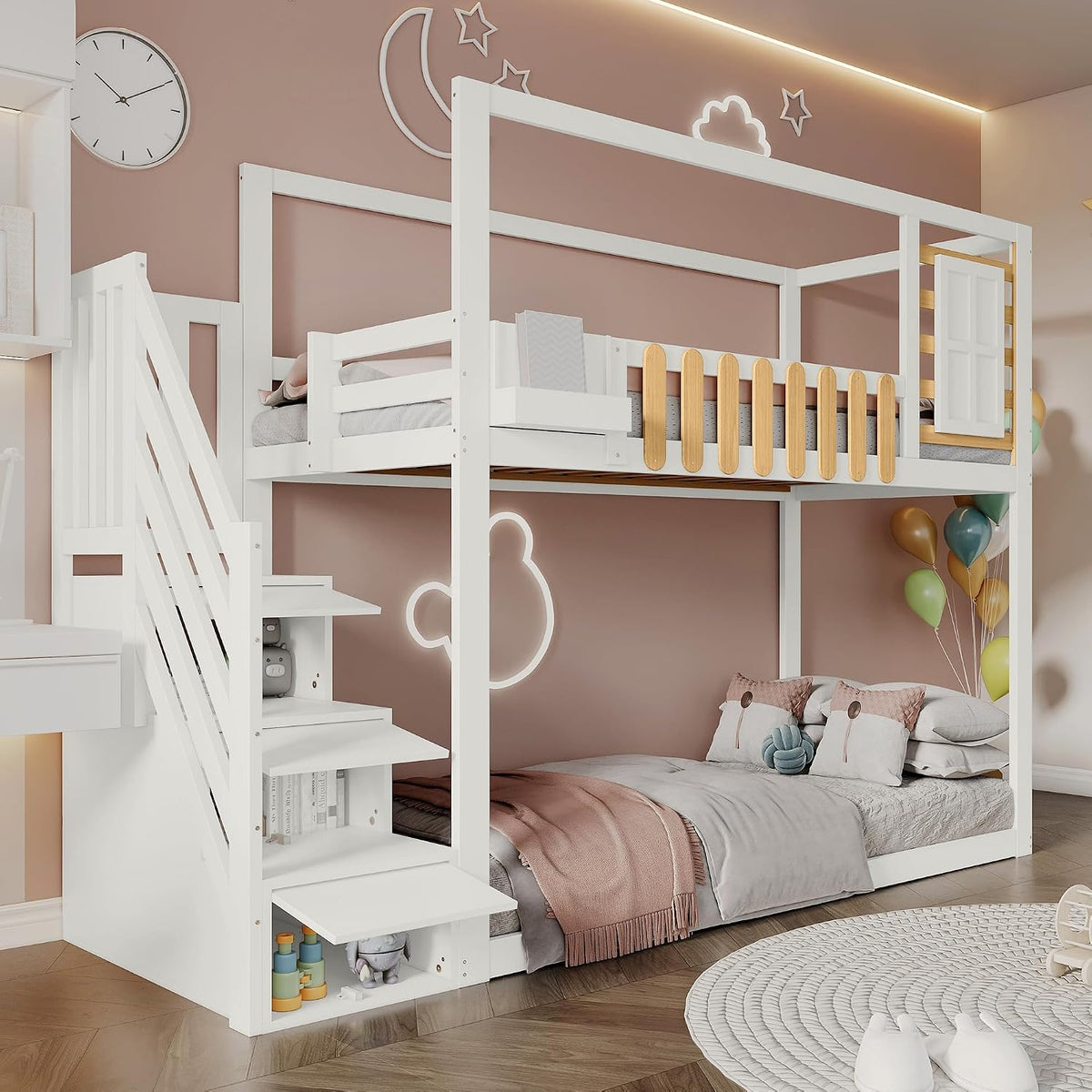 Rtopsu Letto a soppalco, 90 × 200 cm, Bianco, legno, con rete a doghe, materasso non incluso, per camera da letto