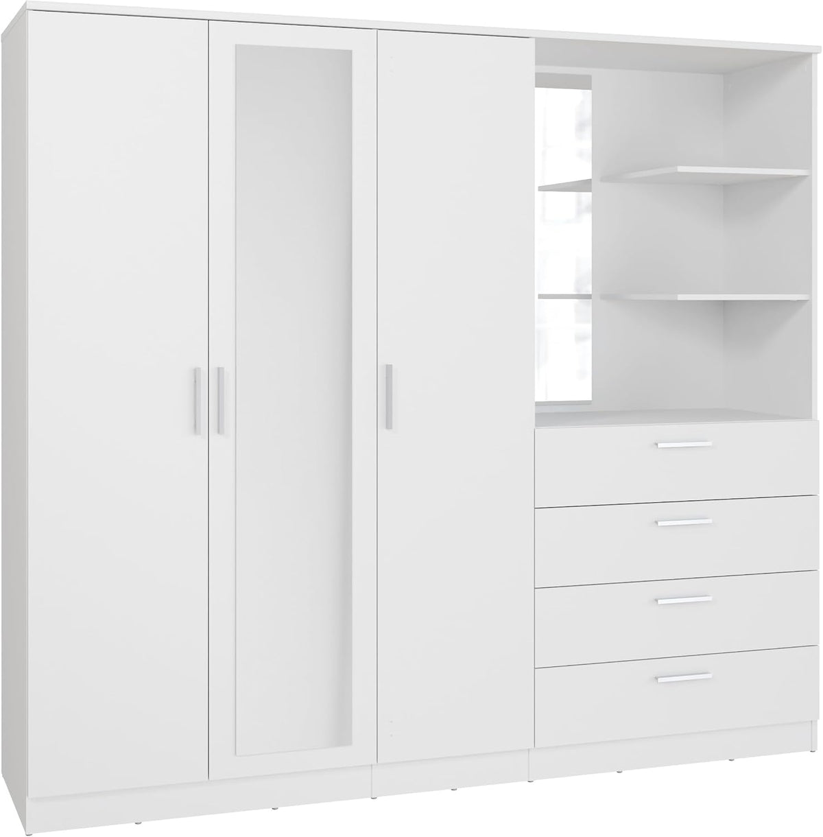 Armadio Forte, 3 ante, 4 cassetti, 199 × 181 × 52,7 cm, legno, Bianco, 2 specchi