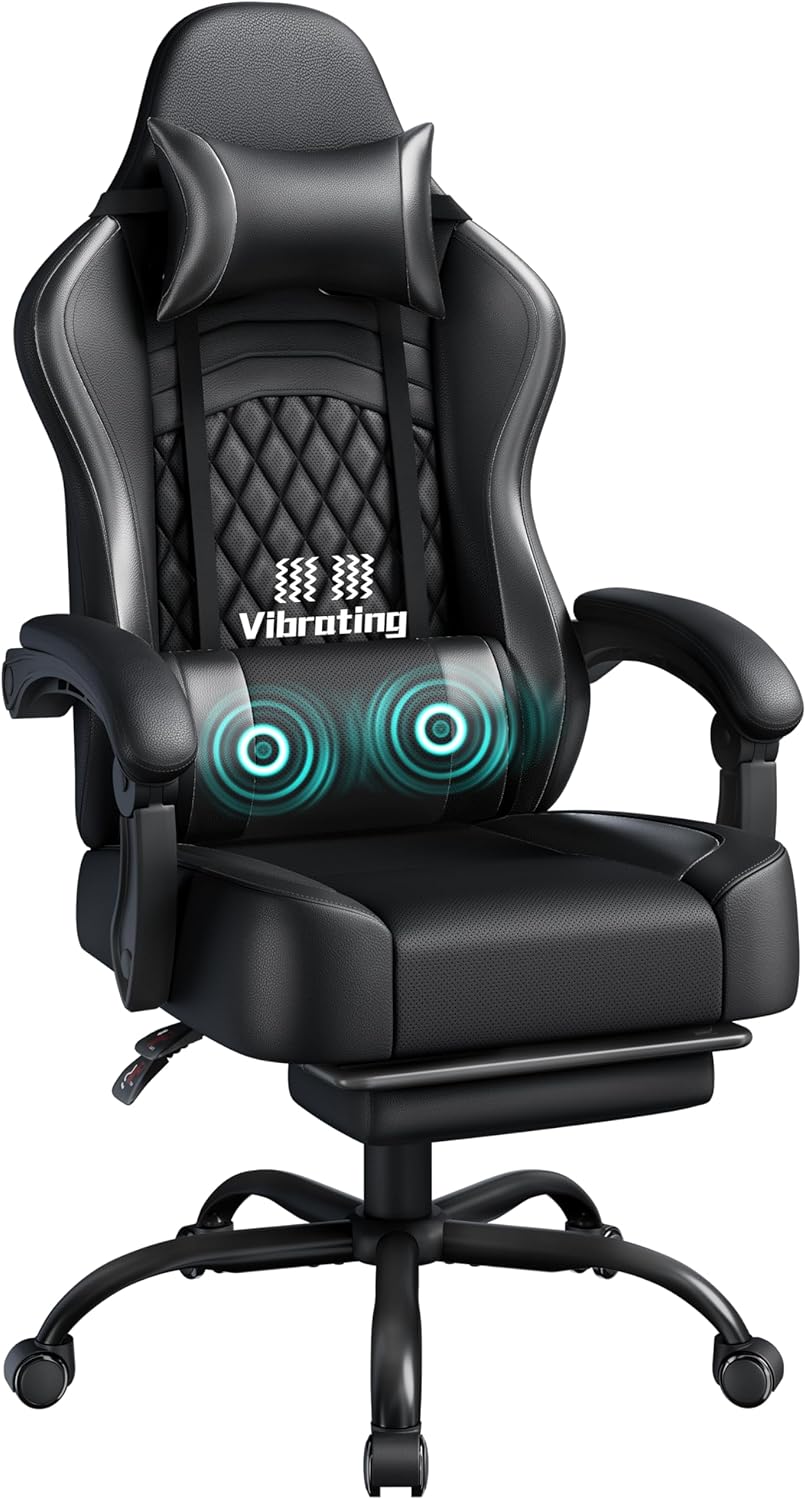 Sedia gaming Yaheetech, Nero, metallo, massaggiante, ergonomica, con cuscino, reclinabile, con poggiapiedi, con poggiatesta, per ufficio