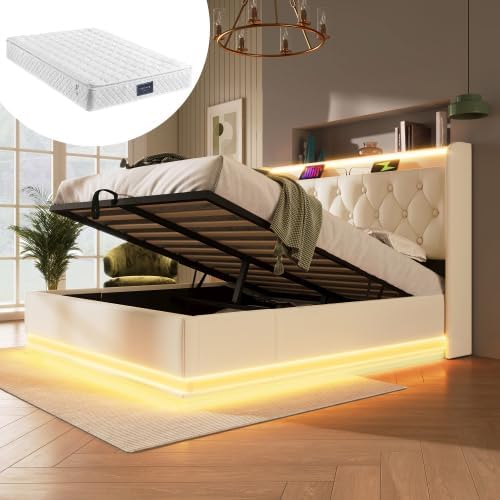 Letto Huayz, 140 × 200 cm, Bianco, matrimoniale, con rete a doghe, con porta USB, imbottito, tessuto, materasso incluso, per camera da letto