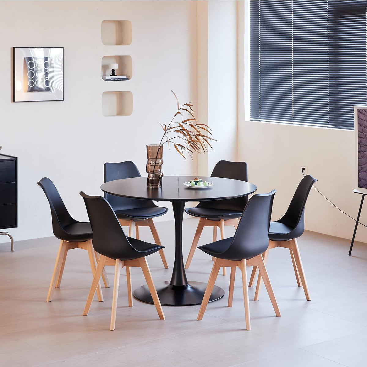 Set da pranzo GrandCA HOME, 110 × 110 × 75 cm, 42 × 41 × 83 cm, 6 sedie, Nero, MDF, per sala da pranzo e cucina