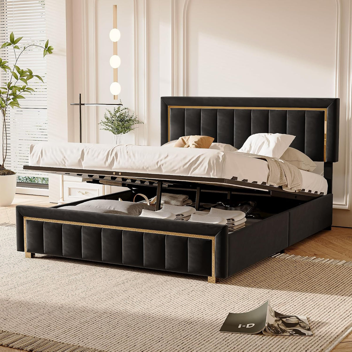 Letto BPKADHY, matrimoniale, 160 × 200 cm, legno, con testiera, con contenitore, con rete a doghe, imbottito, per camera da letto