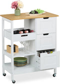 Relaxdays Carrello da cucina, 3 ripiani, 85 × 68,5 × 38,5 cm, Bianco, legno, con ruote, per sala da pranzo e cucina