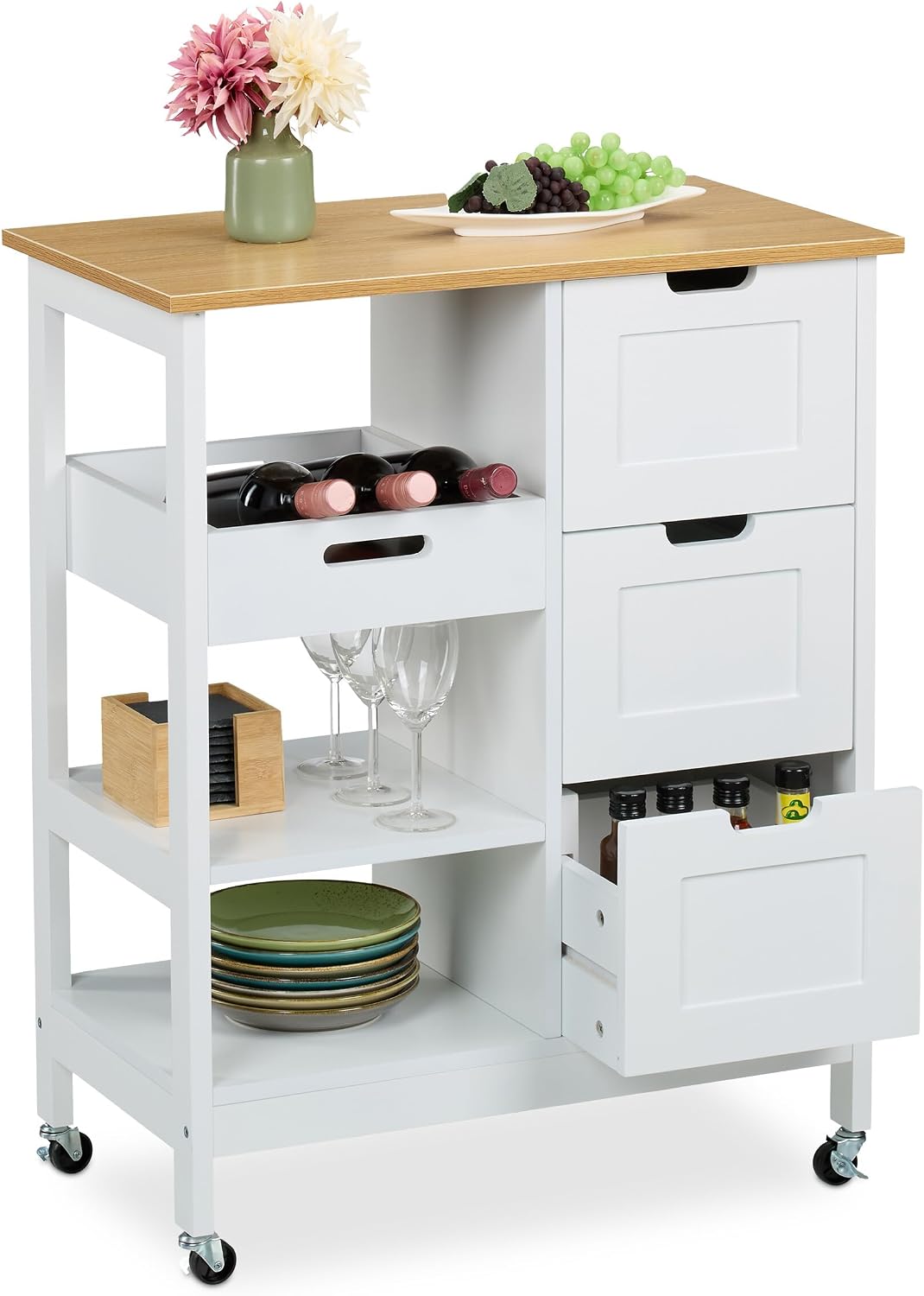 Relaxdays Carrello da cucina, 3 ripiani, 85 × 68,5 × 38,5 cm, Bianco, legno, con ruote, per sala da pranzo e cucina