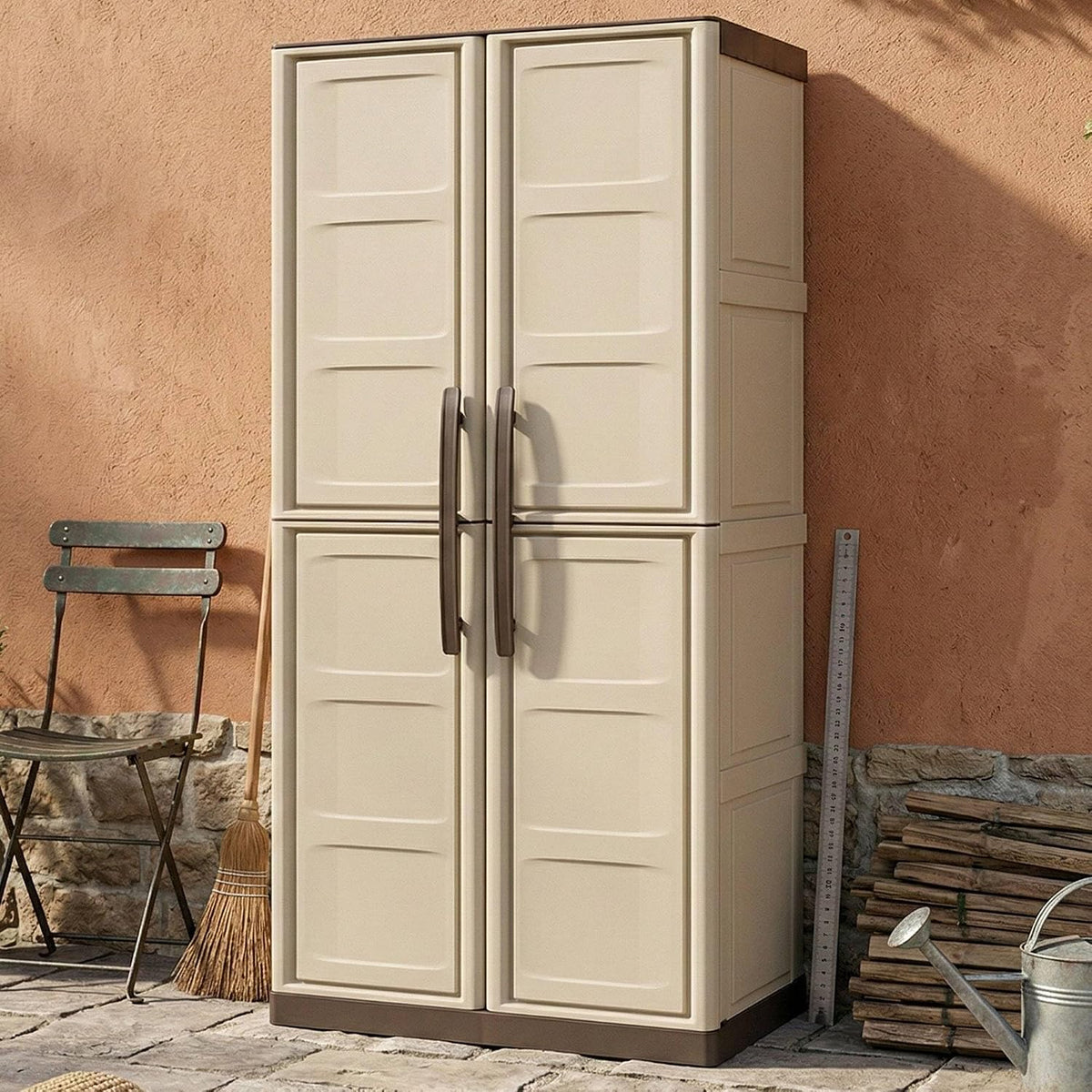 Armadio Dmora, Beige/Marrone, 2 ante, per giardino e terrazzo