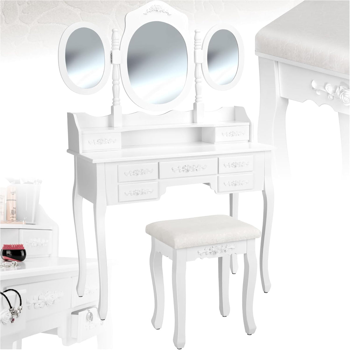 tectake Toeletta, 7 cassetti, Bianco, 90 × 40 × 145cm, per camera da letto o zona trucco
