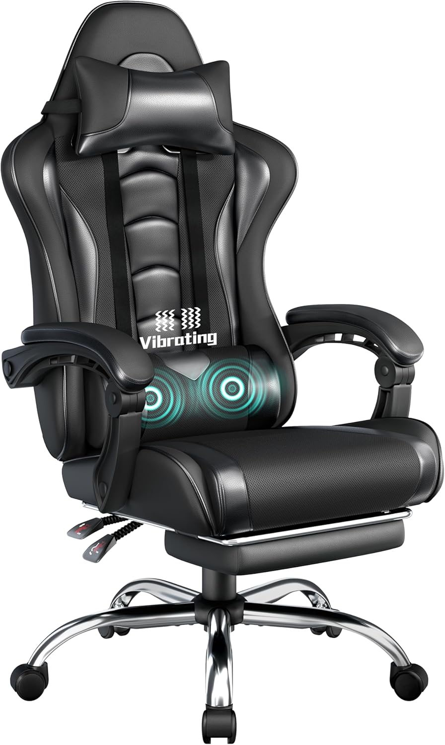 Sedia gaming Yaheetech, Nero, reclinabile, metallo, massaggiante, ergonomica, per ufficio