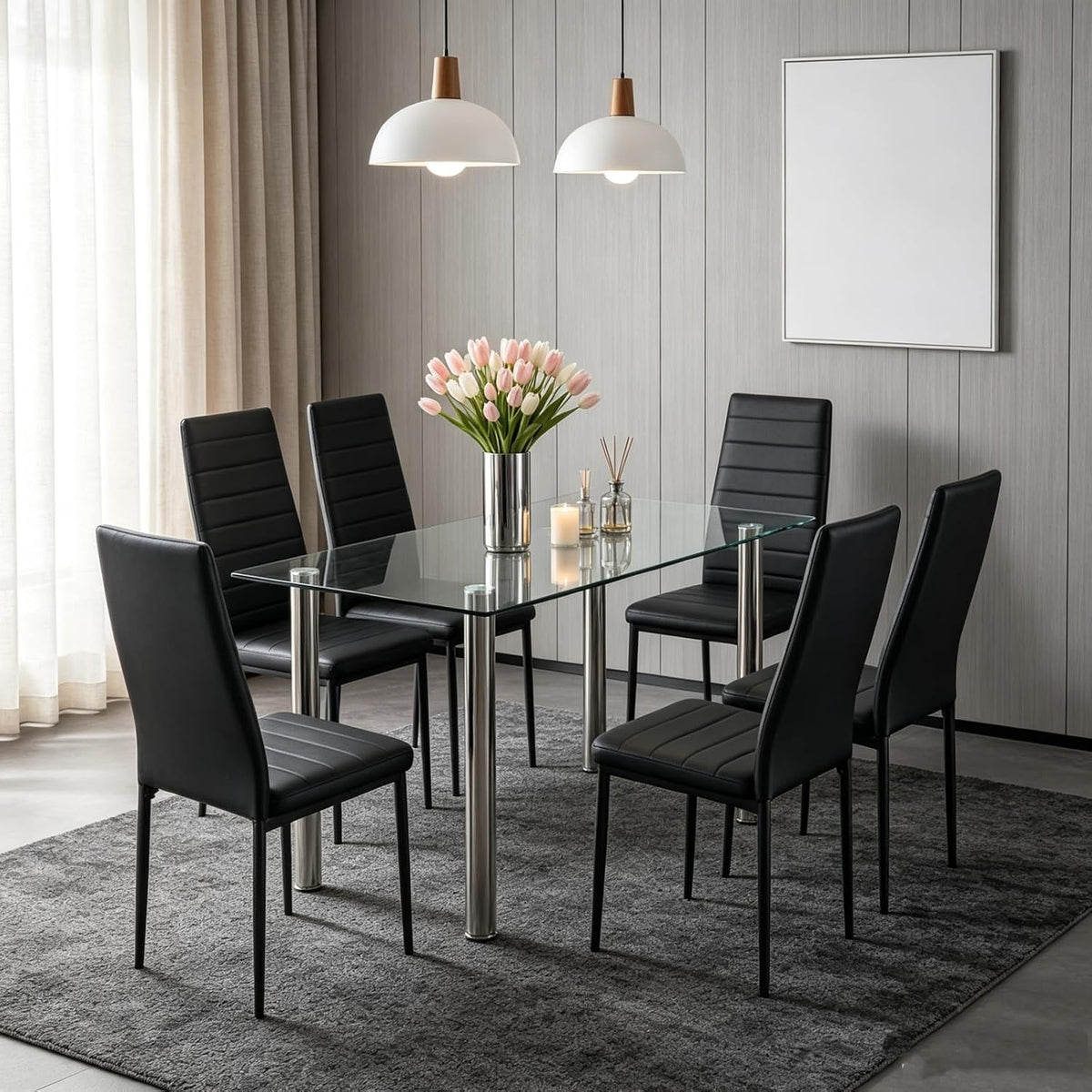 Trygoal Set di sedie da pranzo, 6 sedie, Nero, similpelle