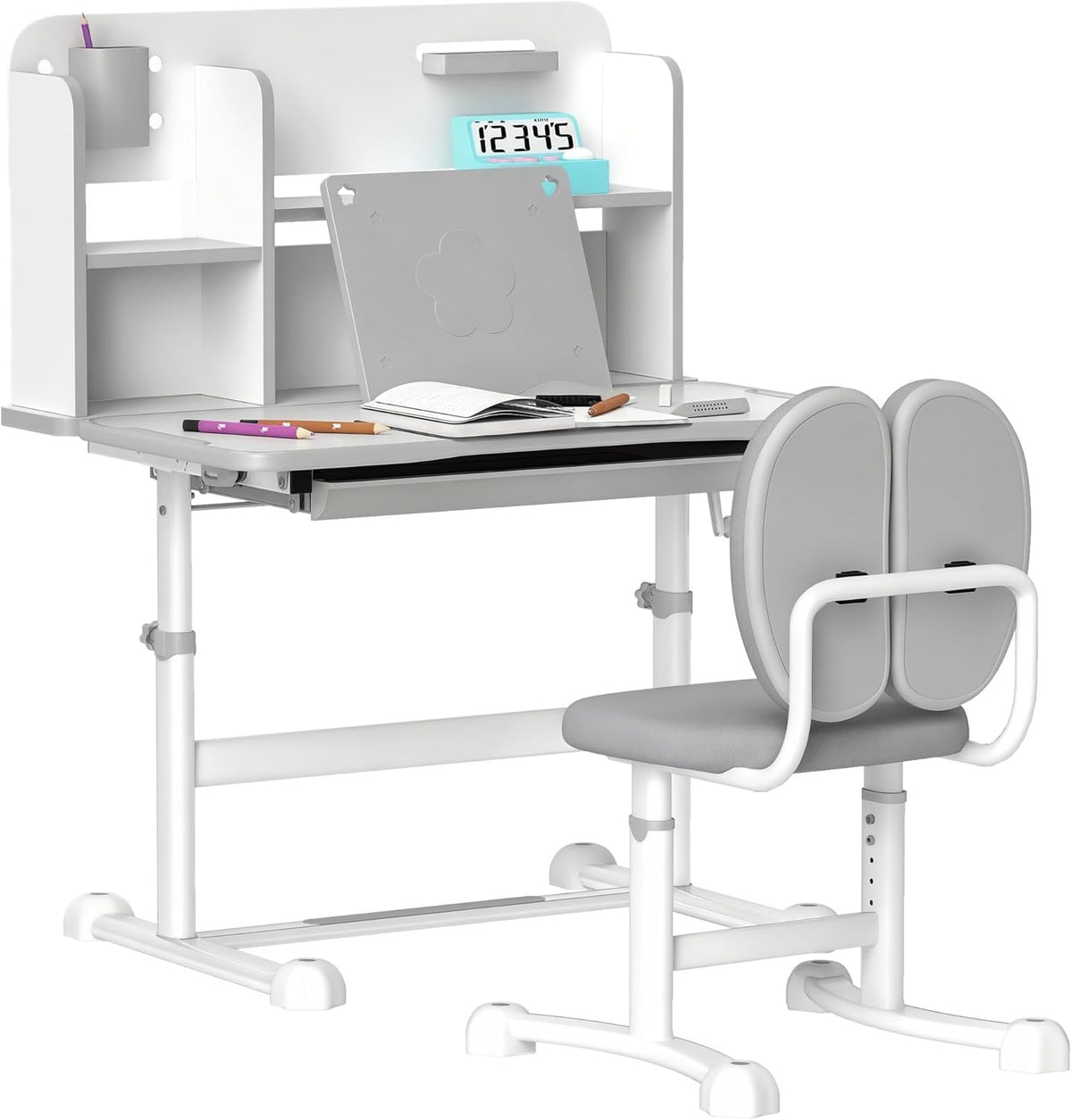 Set scrivania e sedia AIYAPLAY, regolabile, Grigio, MDF, con sedia, per ufficio
