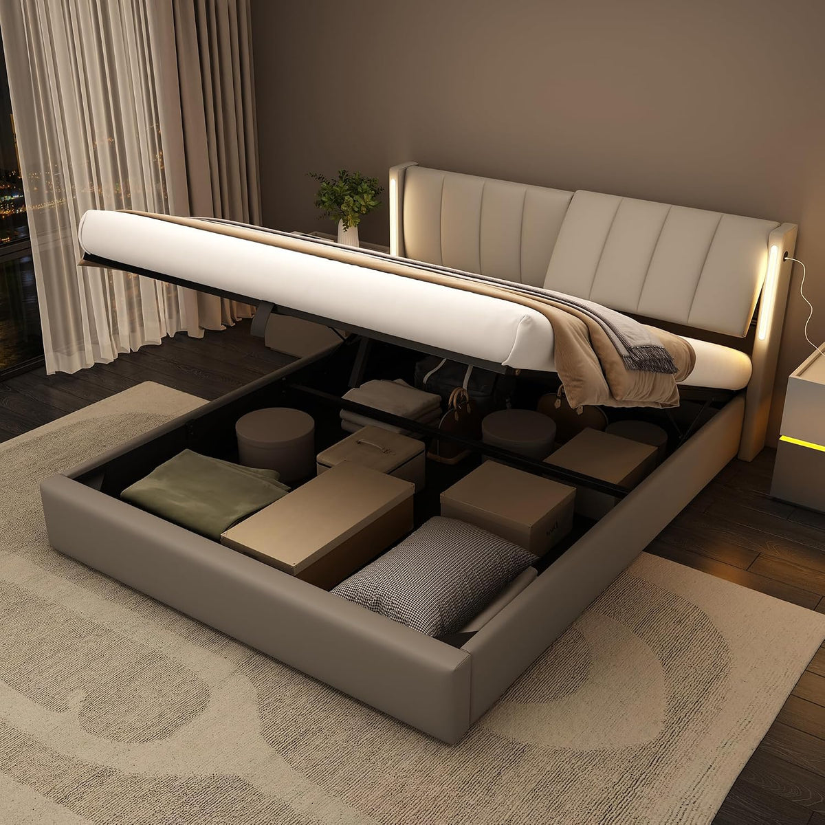 Letto Ymkua, con contenitore, regolabile, con rete a doghe, con porta USB, 160 × 200 cm, matrimoniale, Grigio, legno, materasso non incluso