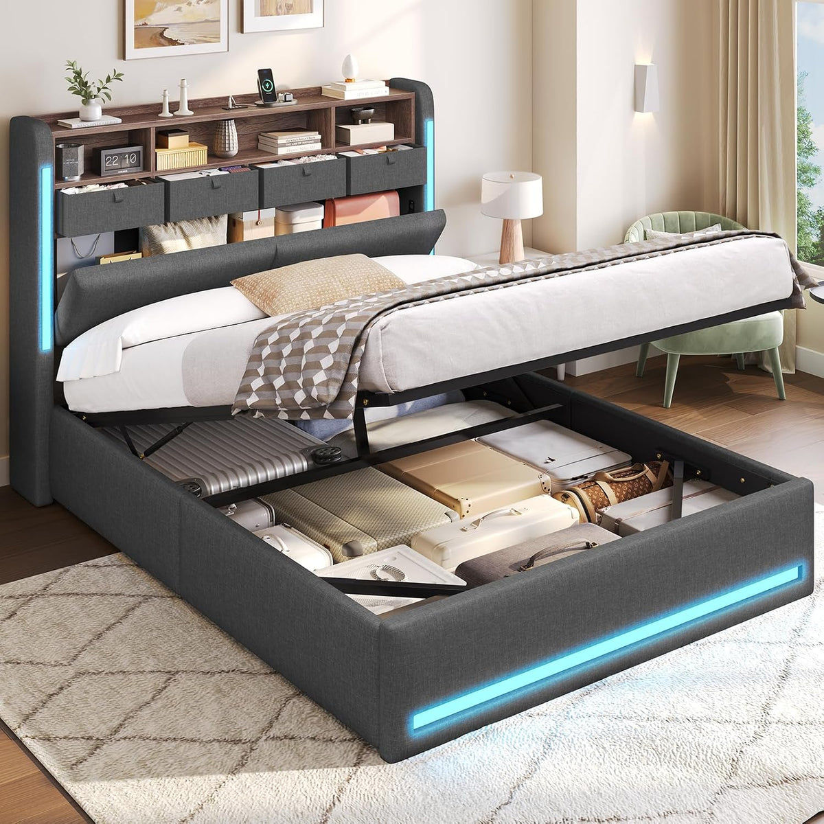 Letto AOGLLATI, 140 × 200 cm, Grigio scuro, matrimoniale, con contenitore, tessuto, per camera da letto