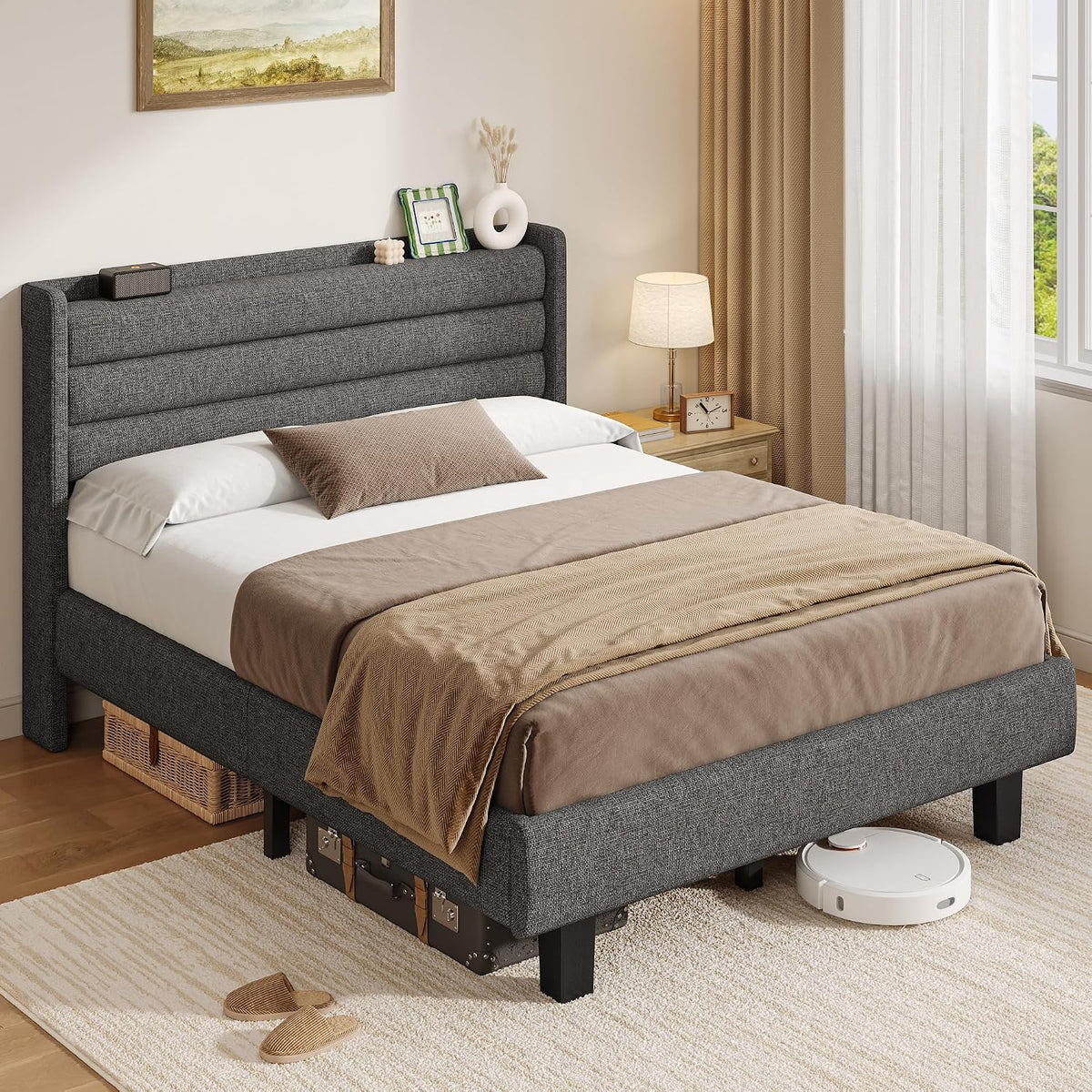 iPormis Letto imbottito 140 × 200 cm, Grigio scuro, testiera effetto lino, struttura in metallo, senza materasso